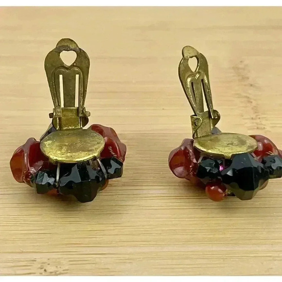 VTG Brown Black  Beaded Cluster Clip On Earrings Brass Germany 1960s - Picture 2 of 12
